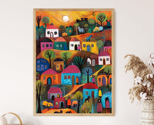 Affiche Village Éthiopien – Impression Art Folk Africaine Colorée
