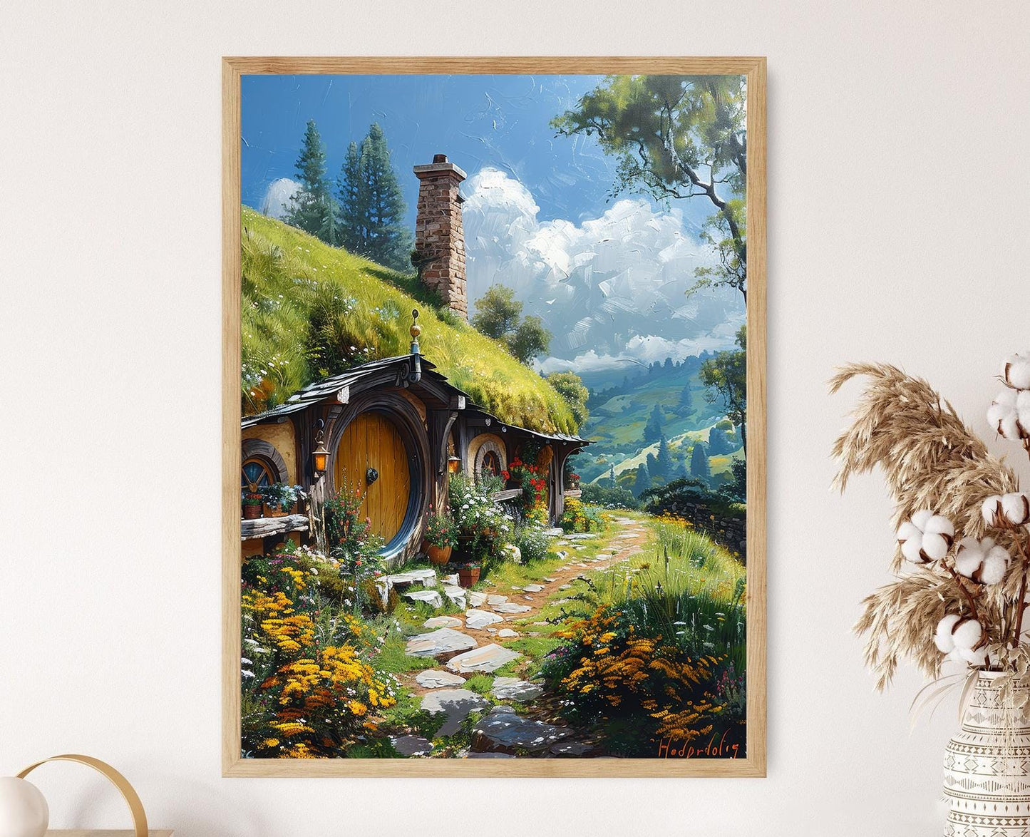 Affiche Hobbiton Charmant – Poster Collines Verdoyantes et Bourgade Pittoresque