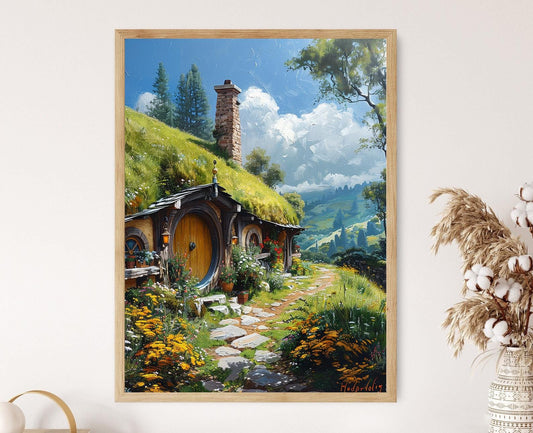 Affiche Hobbiton Charmant – Poster Collines Verdoyantes et Bourgade Pittoresque