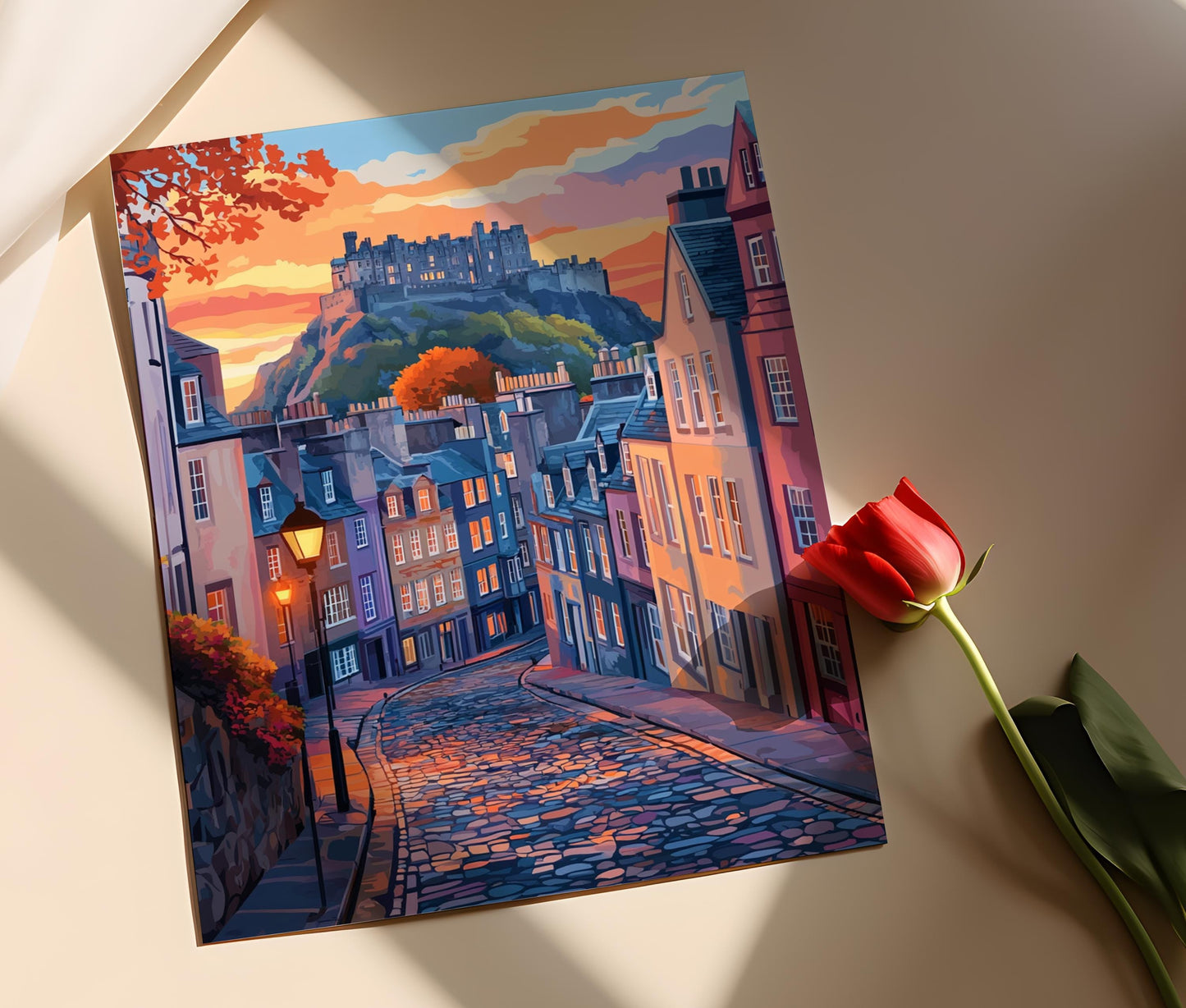 Affiche Édimbourg – Poster Scène de Crépuscule avec Château et Maisons Géorgiennes