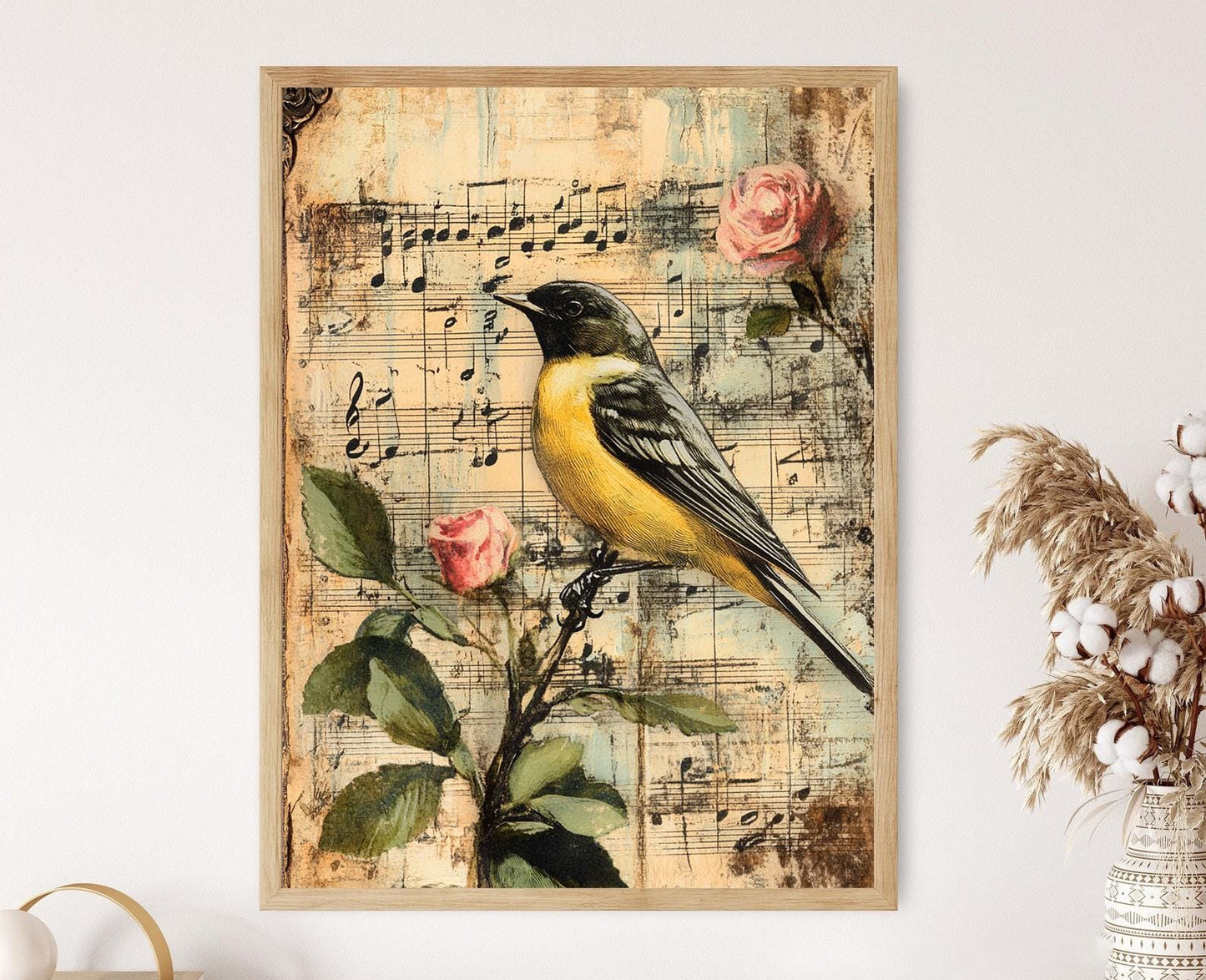 Affiche Vintage Oiseaux et Musique – Impression Botanique Rose et Notes Musicales