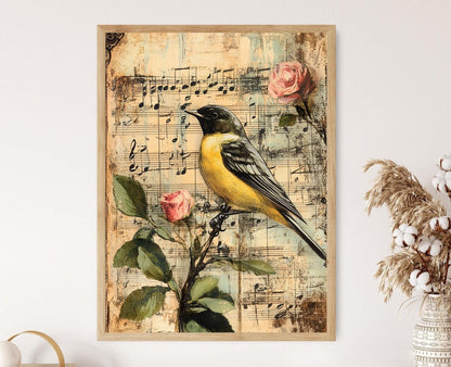 Affiche Vintage Oiseaux et Musique – Impression Botanique Rose et Notes Musicales