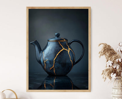 Affiche Kintsugi – Impression d’art de théière japonaise en céramique dorée
