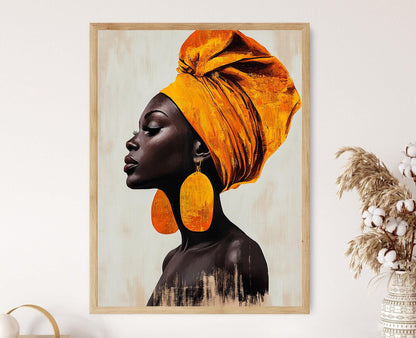 Affiche Femme Africaine – Impression Art avec Foulard Jaune, Décor Afrocentrique
