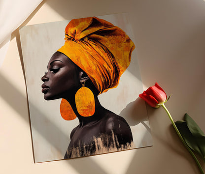Affiche Femme Africaine – Impression Art avec Foulard Jaune, Décor Afrocentrique