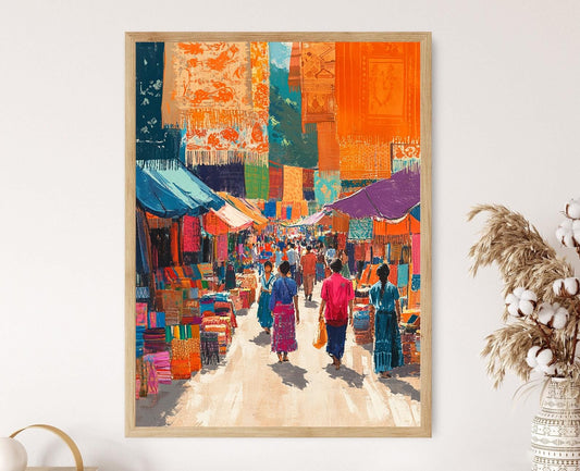 Affiche Marché Textile Laotien – Poster Décor Tissé à la Main
