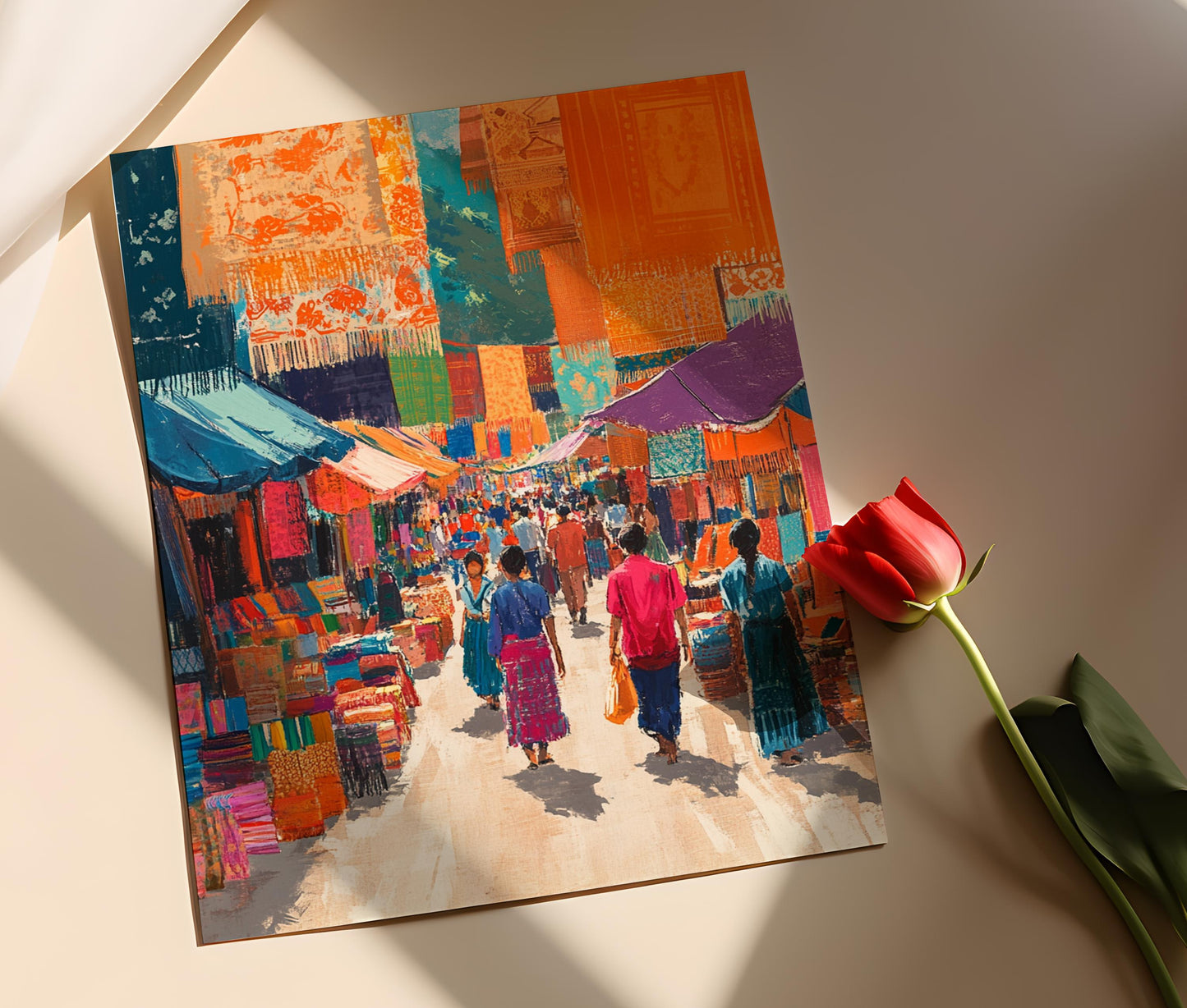 Affiche Marché Textile Laotien – Poster Décor Tissé à la Main