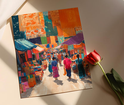 Affiche Marché Textile Laotien – Poster Décor Tissé à la Main