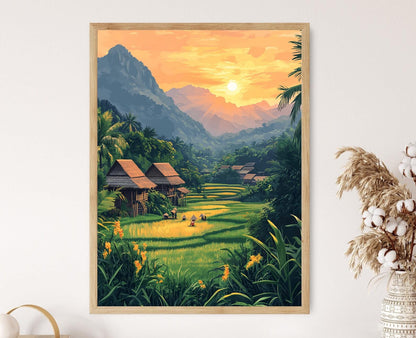 Affiche Village Lao Traditionnel – Art de Paysage Rizière en Laos