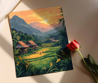 Affiche Village Lao Traditionnel – Art de Paysage Rizière en Laos