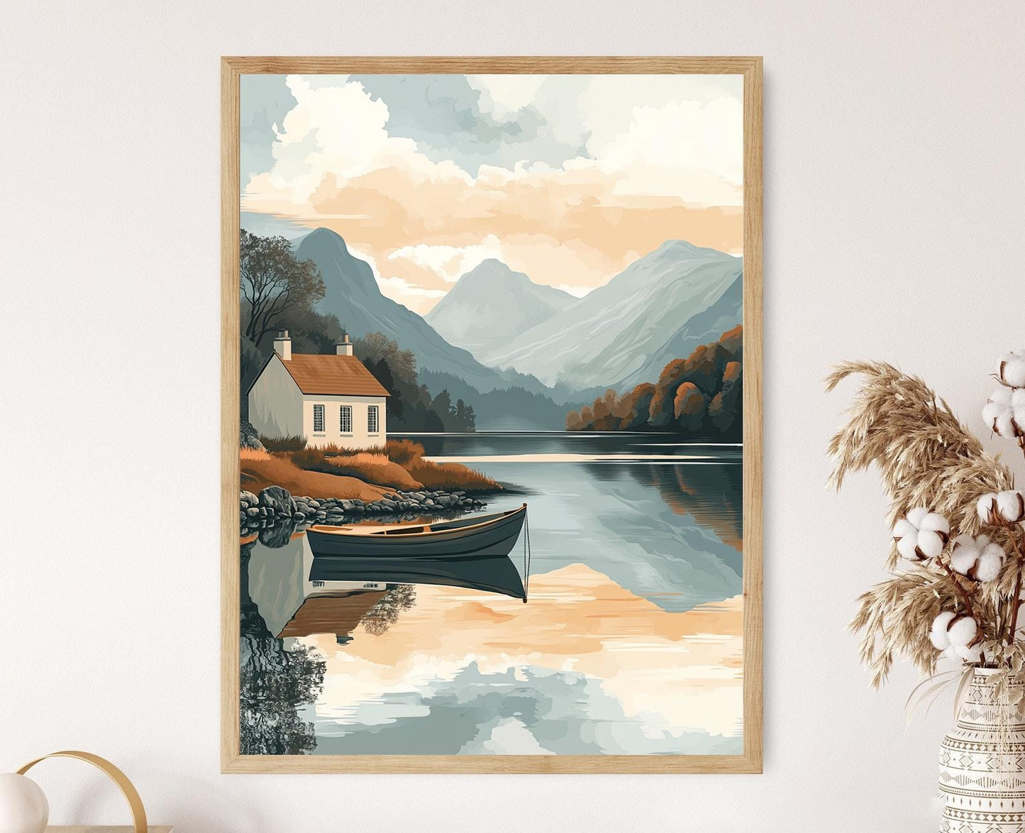 Affiche Campagne Anglaise – Poster Cottage de Pierre au Lacs avec Canot