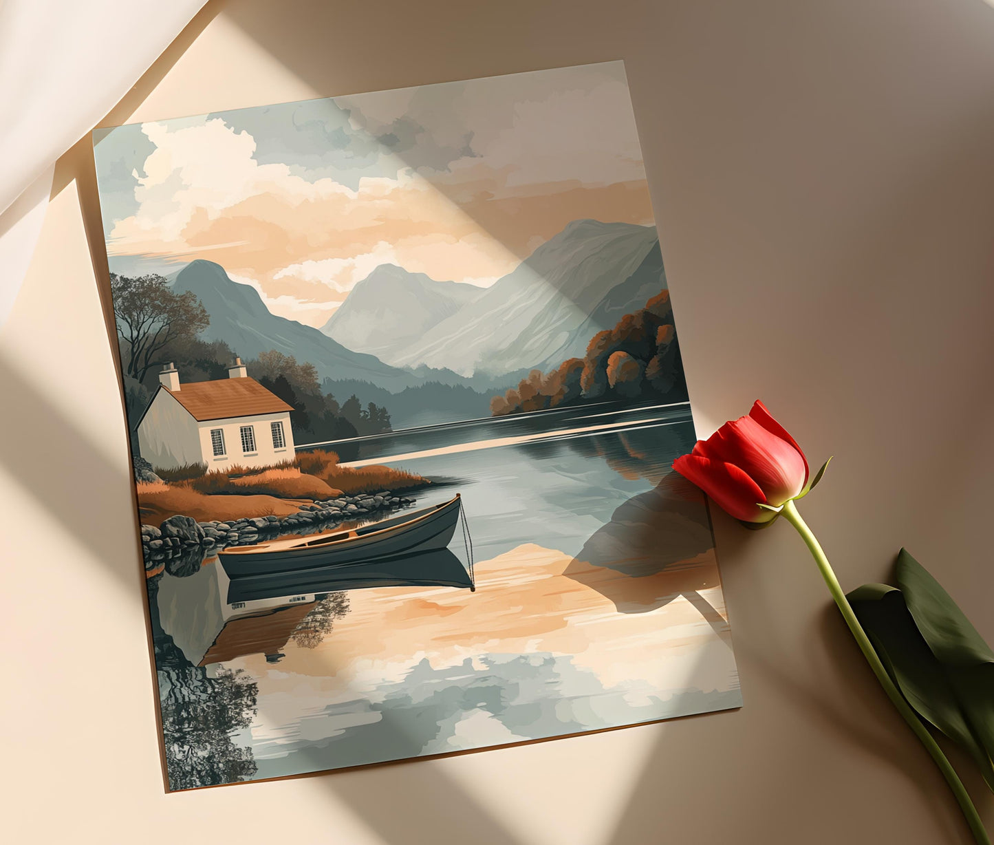 Affiche Campagne Anglaise – Poster Cottage de Pierre au Lacs avec Canot