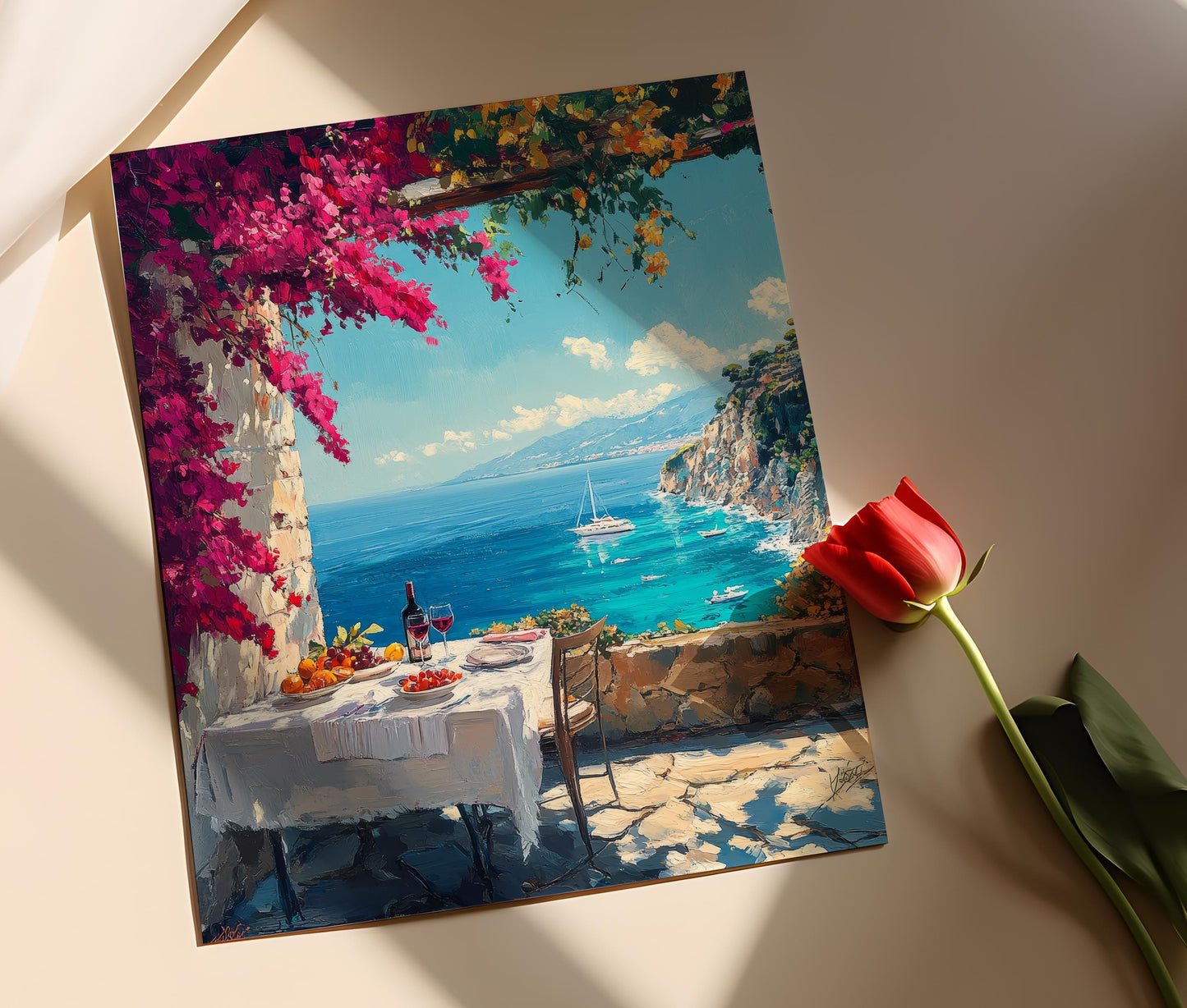 Affiche Riviera – Poster Scène Charmante avec Fleurs et Café