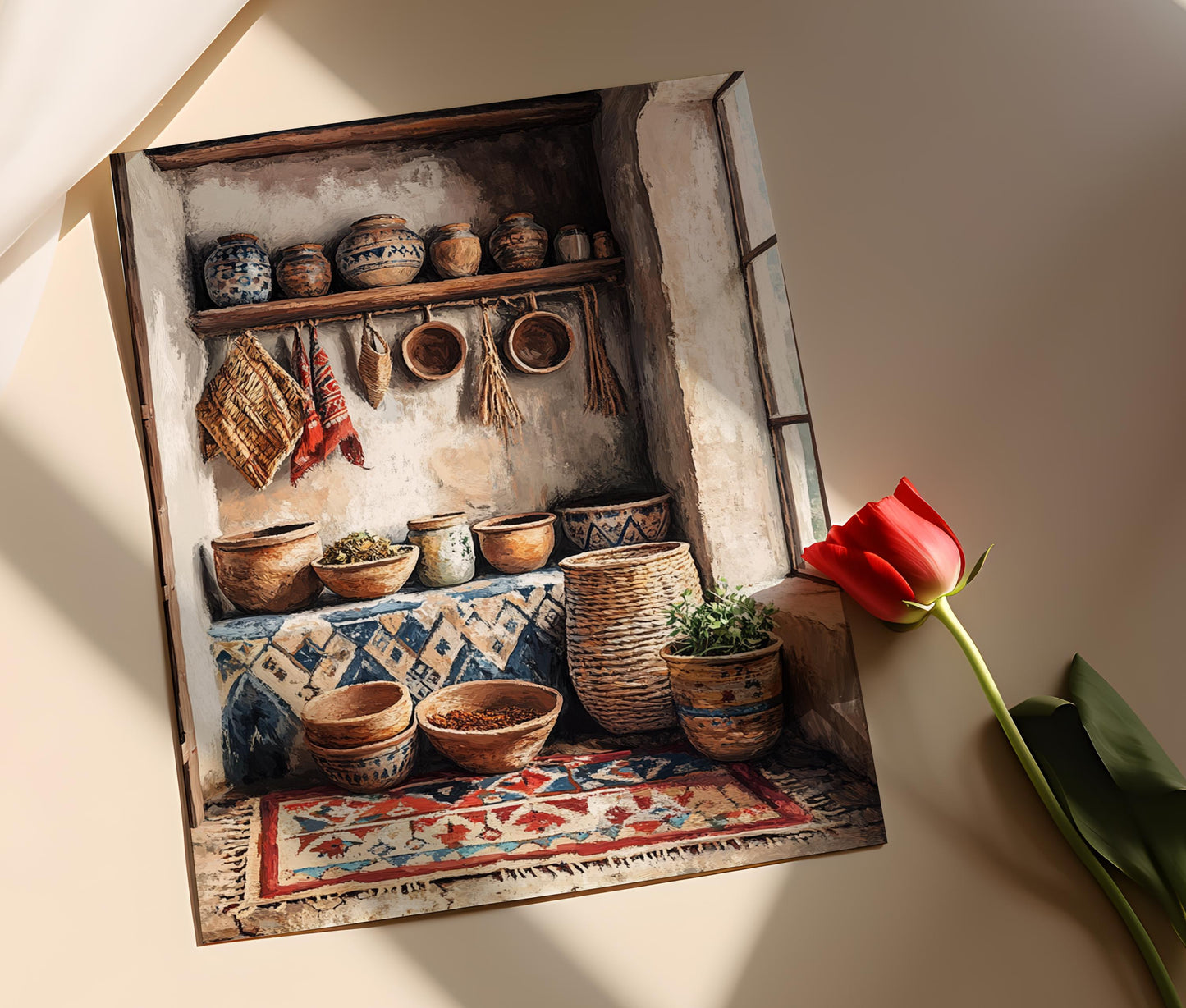 Affiche Cuisine Kurde Rustique – Imprimé de Pots en Argile et Épices