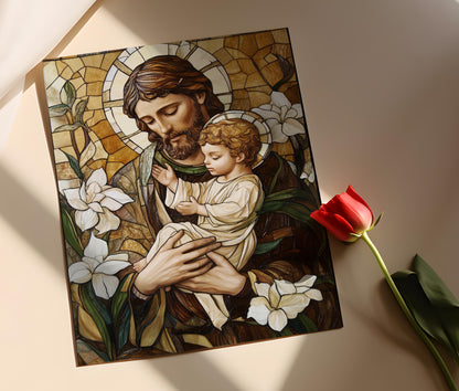 Affiche Saint Joseph et l'Enfant Jésus – Décor religieux en vitrail
