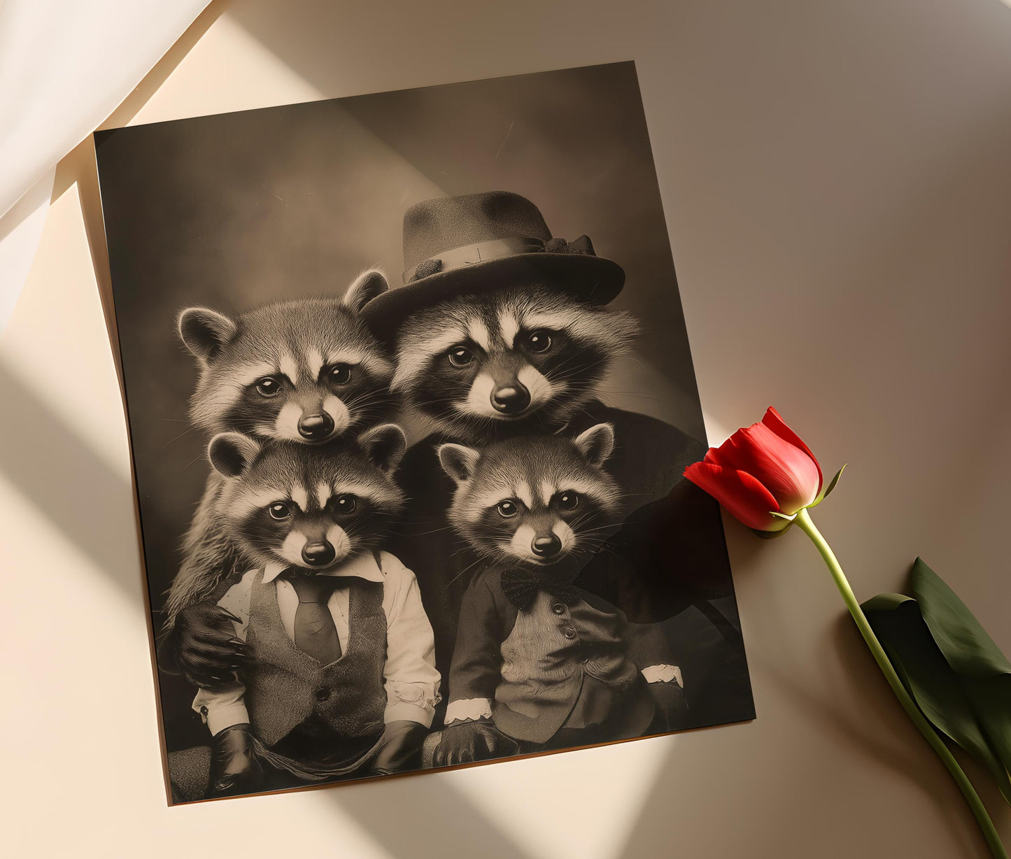 Affiche Vintage de Famille de Raton Laveur – Art Animalier Sépia