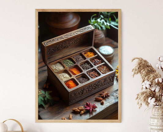 Affiche Épices Indiennes – Poster Illustration Boîte Masala en Bois
