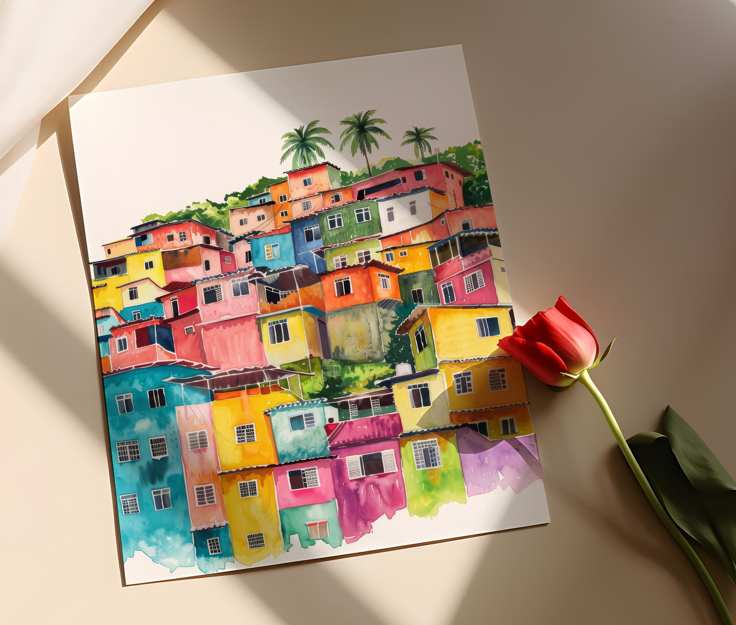 Affiche Favela Brésil – Poster Aquarelle Paysage Urbain de Rio