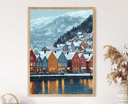 Affiche Bergen Hiver – Poster Art Print de Bryggen enneigé en Norvège