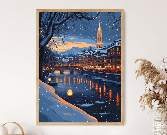 Affiche Zurich Hiver – Poster Décor de Vieille Ville enneigée en Suisse