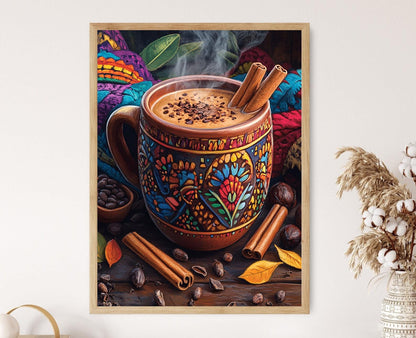 Affiche Chocolat Chaud Mexicain – Art Aztec avec Mug et Cannelle