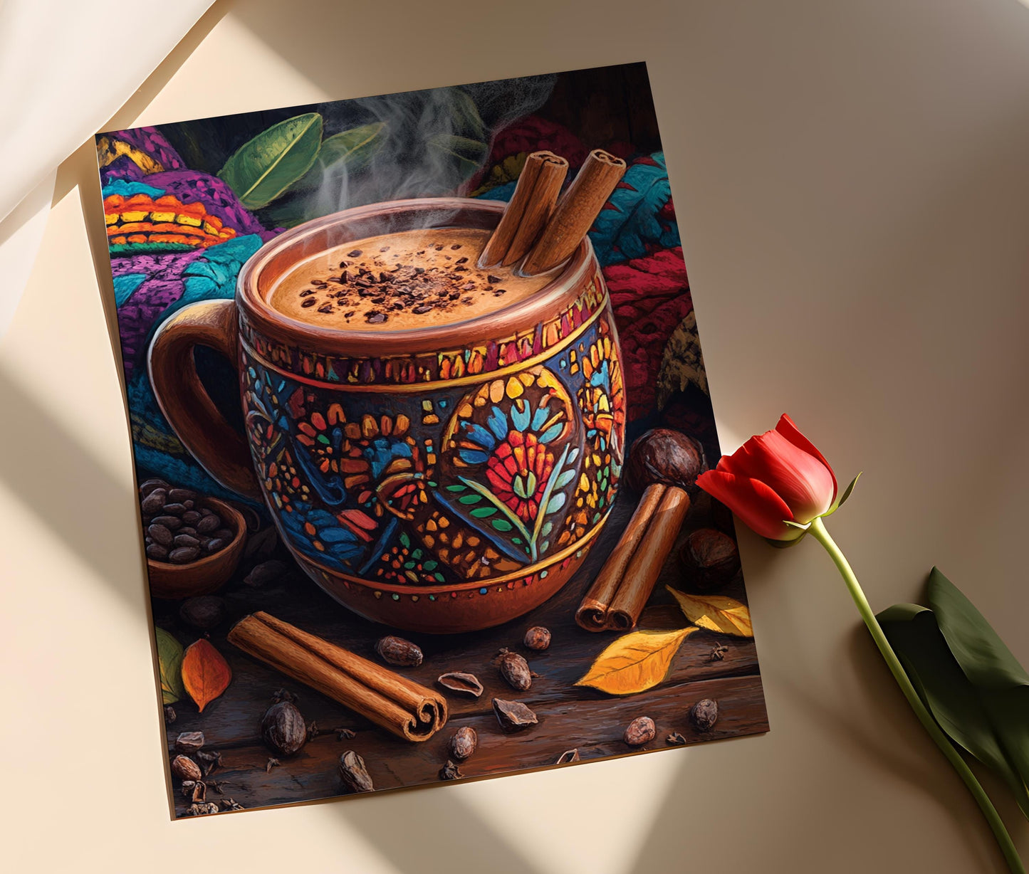 Affiche Chocolat Chaud Mexicain – Art Aztec avec Mug et Cannelle