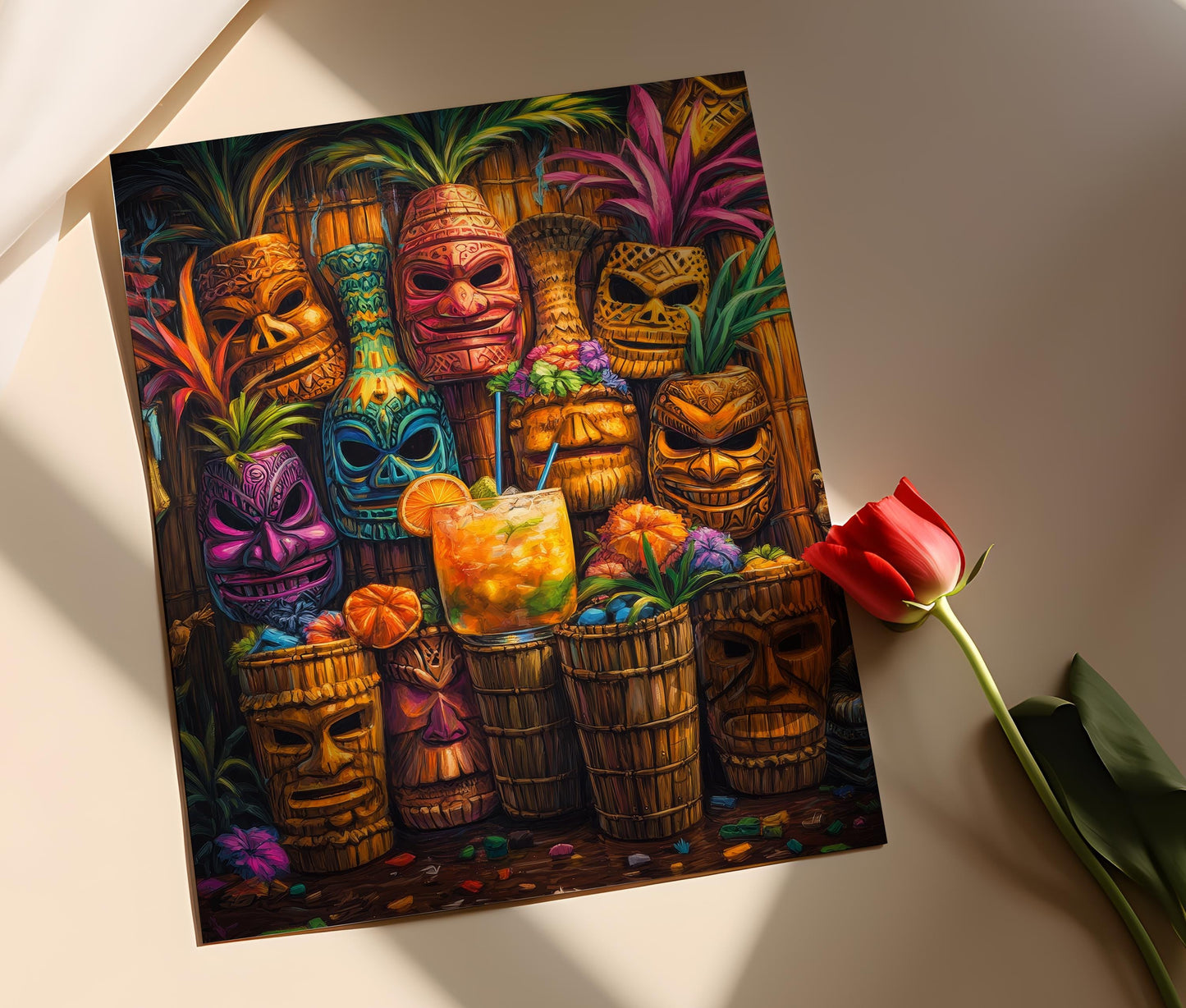 Affiche Tiki Hawaïenne – Poster avec masques colorés et cocktails tropicaux