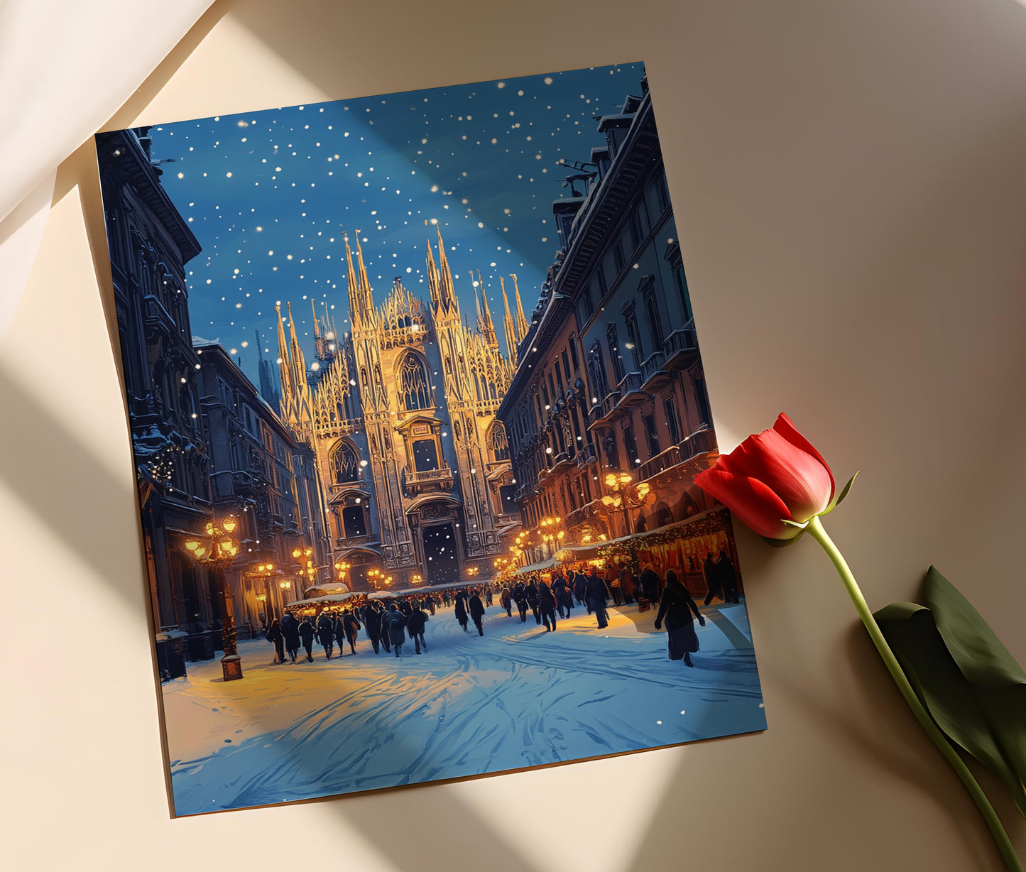 Affiche Hiver à Milan – Poster Art Print Duomo enneigé, Décor Festif