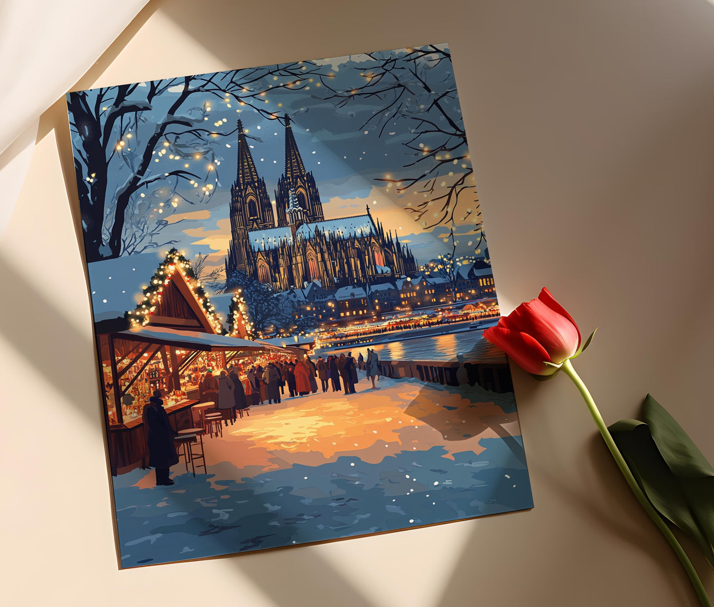 Affiche Hiver à Cologne – Poster Art déco de la cathédrale enneigée