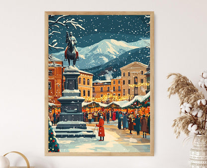 Affiche Hiver à Tirana – Poster Art de Skanderbeg en Albanie enneigée