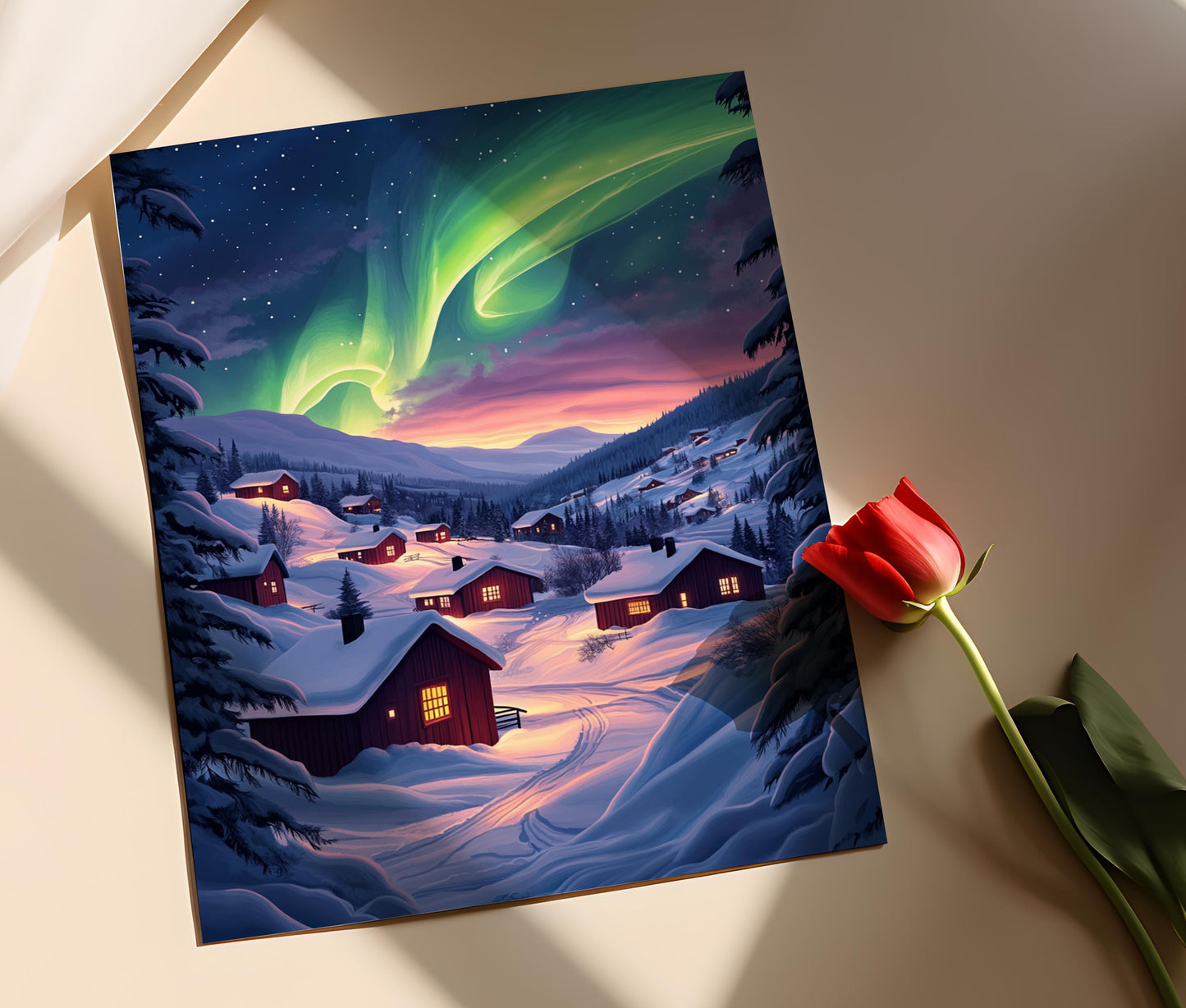 Affiche aurore boréale – Poster art d'hiver de Laponie suédoise