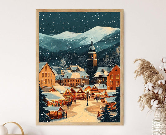 Affiche Brasov Hivernal – Poster Art de la Place de la Ville enneigée