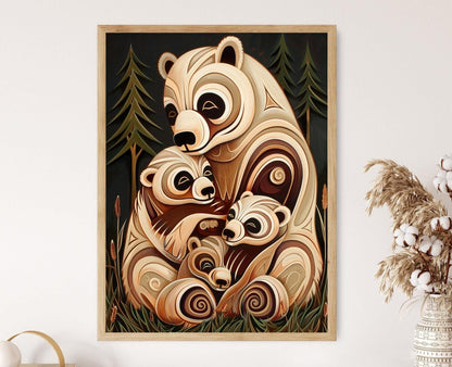 Affiche Ours Mère et Ses Petits – Poster de Mythologie Haïda
