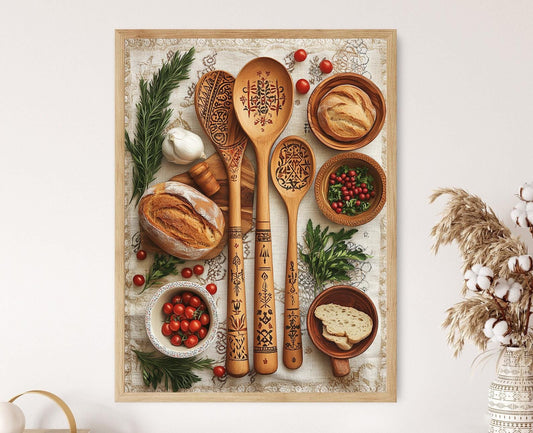 Affiche cuillères en bois polonaises – Art mural décor de cuisine héritage