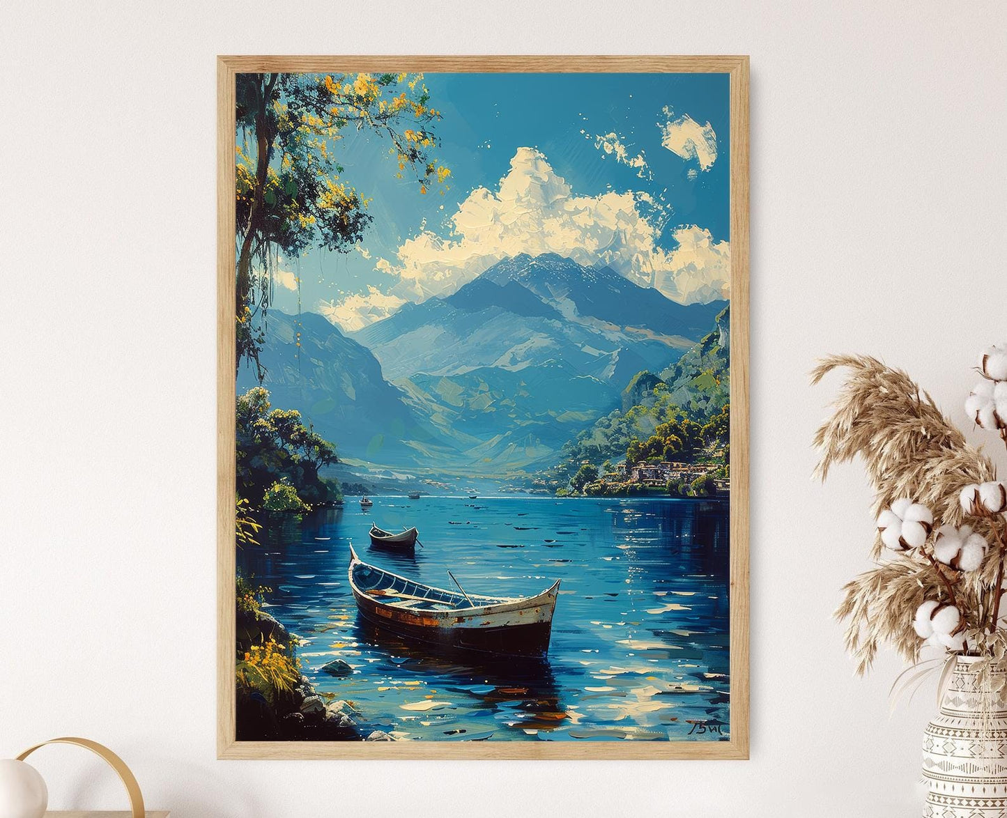 Affiche Lac Atitlán – Impression d'art avec bateaux mayas traditionnels