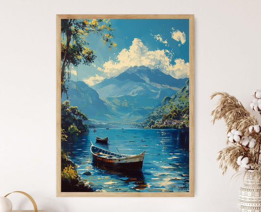 Affiche Lac Atitlán – Impression d'art avec bateaux mayas traditionnels