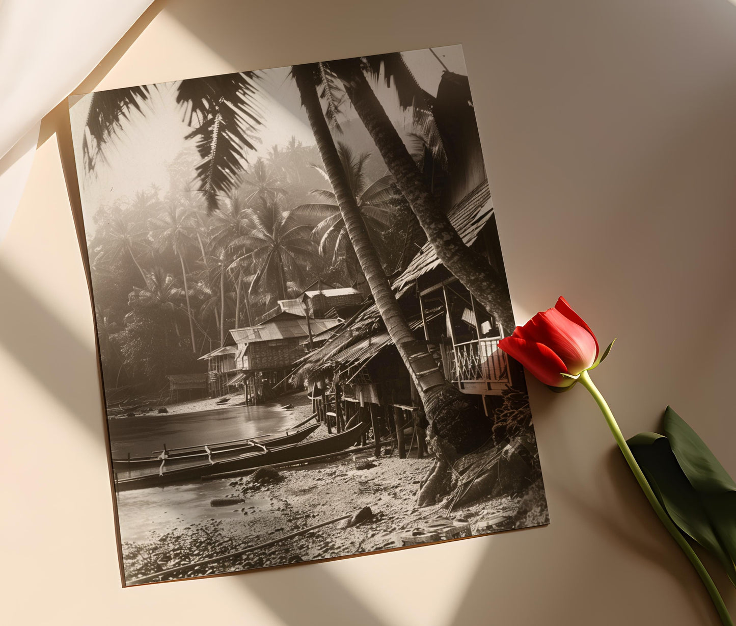 Affiche Vintage Village de Pêcheurs Filipins – Poster Noir et Blanc Historique