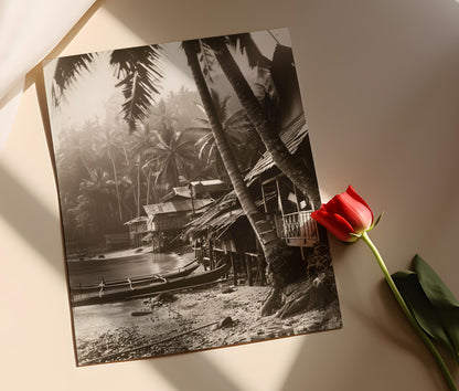 Affiche Vintage Village de Pêcheurs Filipins – Poster Noir et Blanc Historique