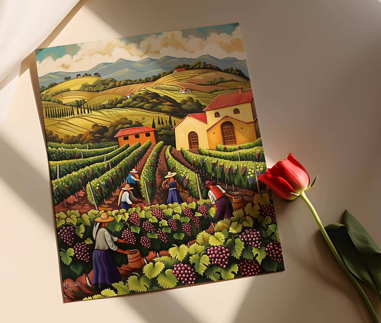 Affiche Vignoble Chilien – Peinture de Récolte de Raisins Traditionnelle