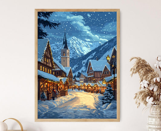 Affiche Village Bavarois en Hiver – Poster Décor de Marché de Noël