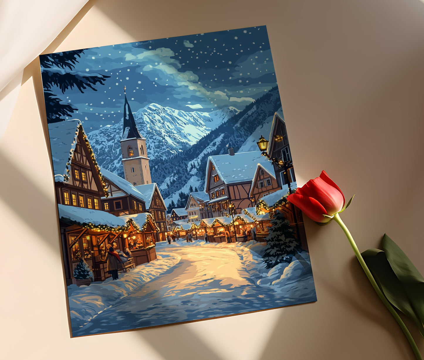 Affiche Village Bavarois en Hiver – Poster Décor de Marché de Noël