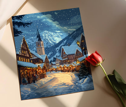 Affiche Village Bavarois en Hiver – Poster Décor de Marché de Noël