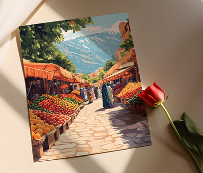 Plakat vom jesidischen Obstmarkt – Farbenfrohe Illustration aus Kurdistan