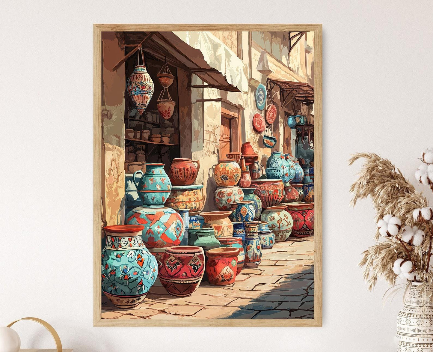 Affiche Art de la Poterie Irakienne – Scène Vibrante du Marché Oriental