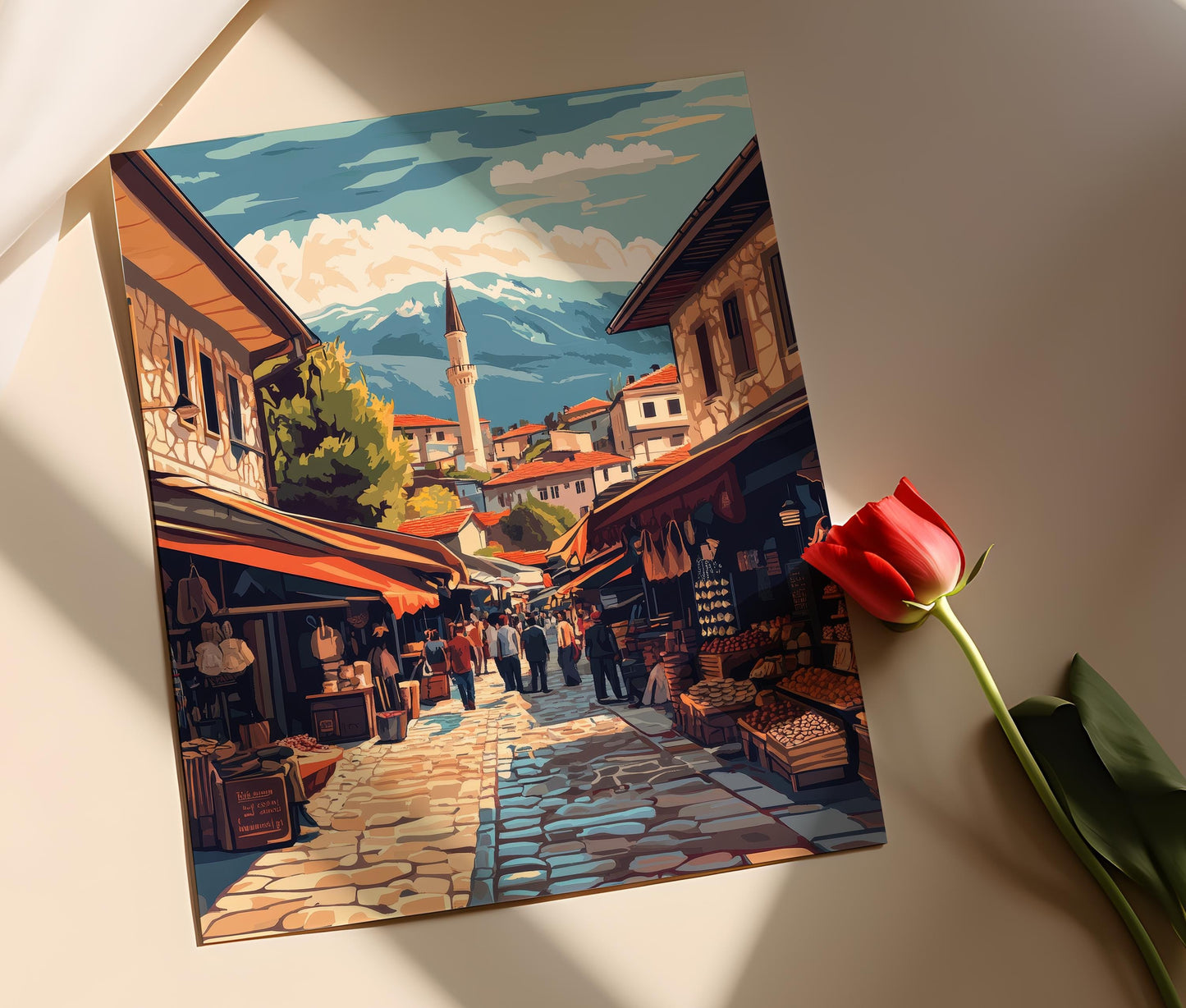 Affiche Baščaršija – Poster Art de Sarajevo, Architecture Ottomane, Artisanat Traditionnel