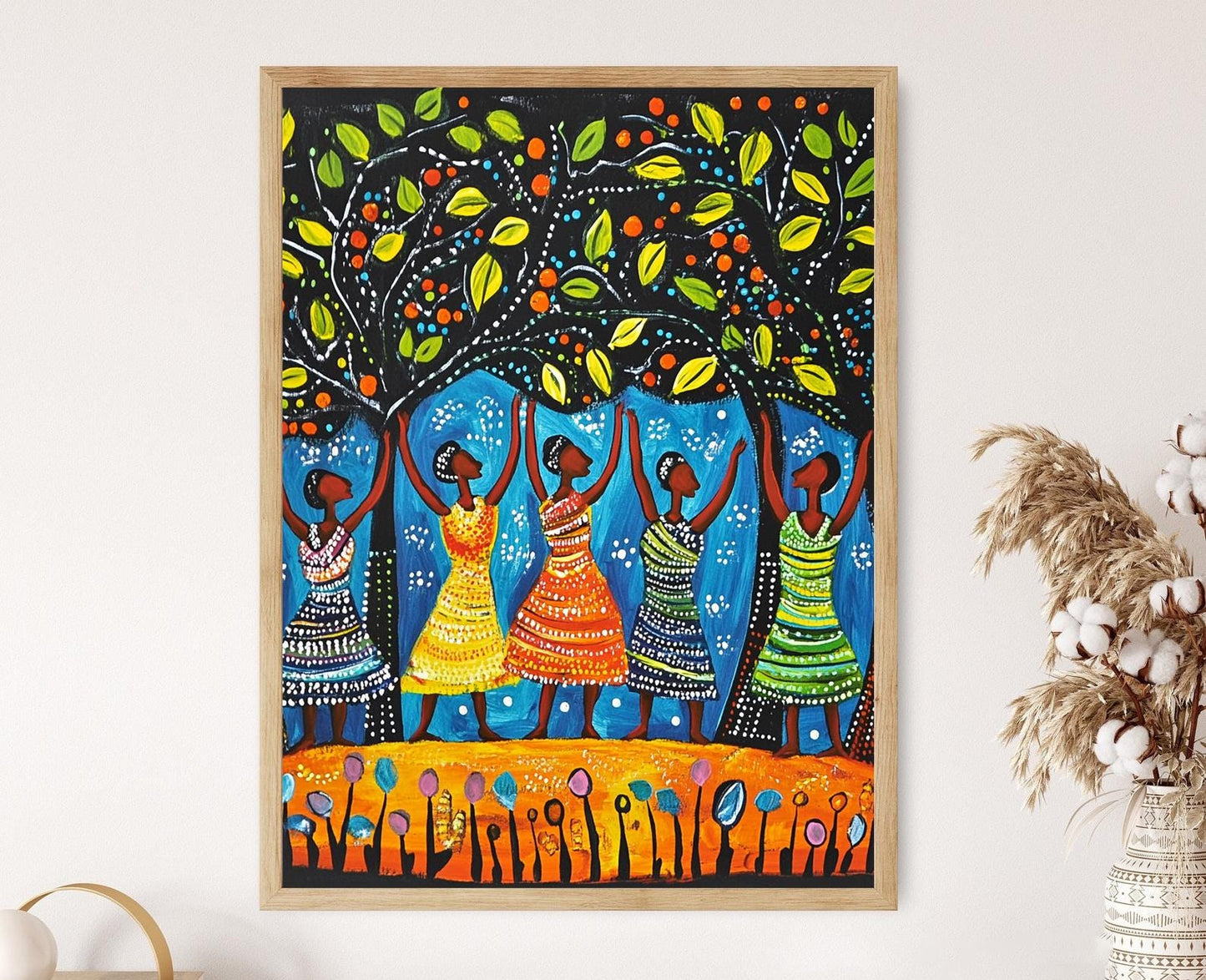 Affiche Tingatinga Tanzanienne – Art Coloré de Femmes Africaines sous un Arbre