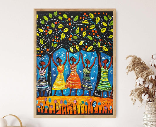 Affiche Tingatinga Tanzanienne – Art Coloré de Femmes Africaines sous un Arbre