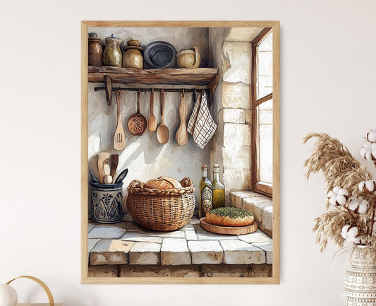 Affiche Cuisine Libanaise Rustique – Illustration d'Ustensiles en Cèdre et Huile d'Olive