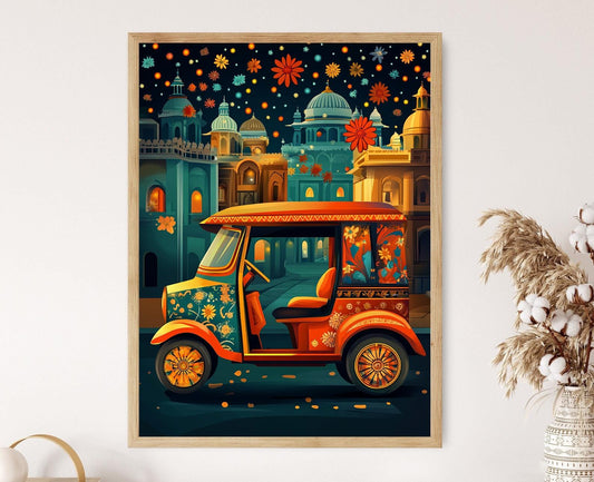 Affiche Rickshaw Tuk Tuk – Poster Illustration Colorée d'une Voiture Indienne