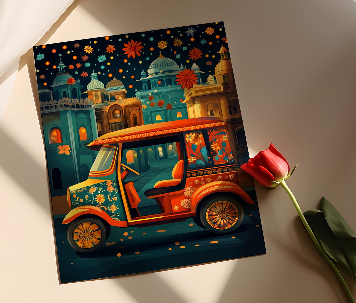 Affiche Rickshaw Tuk Tuk – Poster Illustration Colorée d'une Voiture Indienne